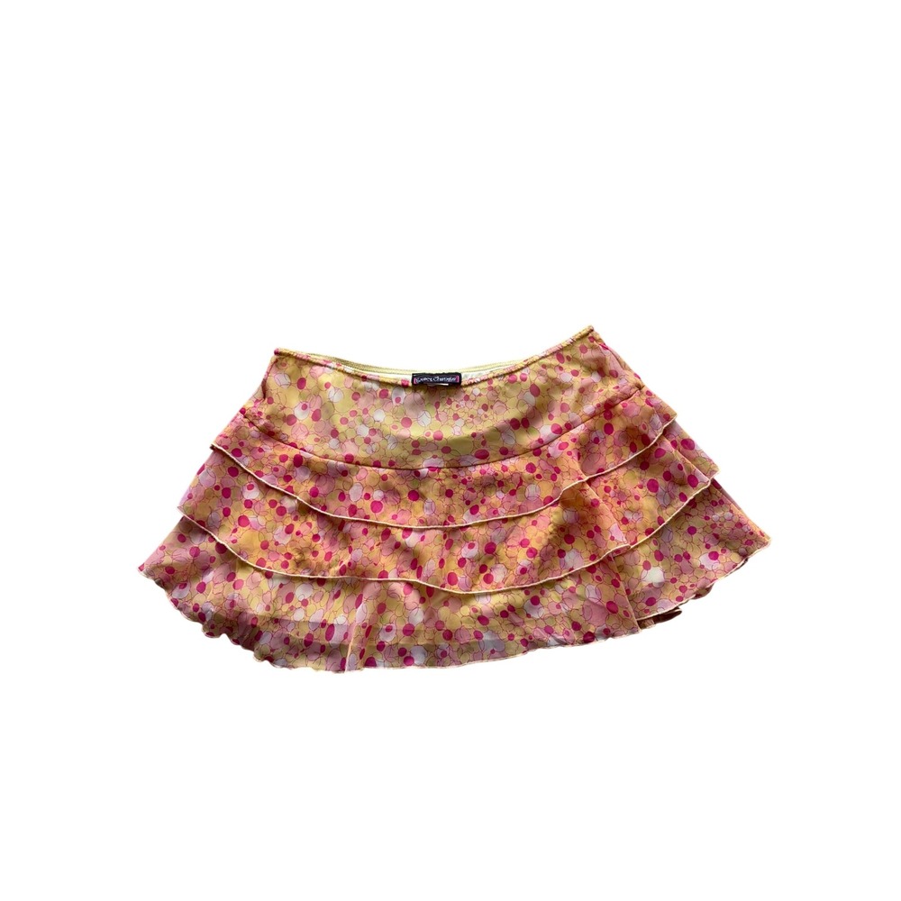 Exact Change Vintage Y2K Pink Yellow Floral Tiered Ruffle Mini Skirt Large